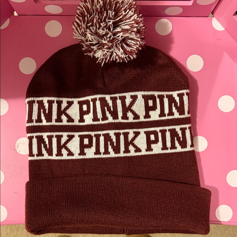 PINK Victoria's Secret Maroon and White Kids Beanie